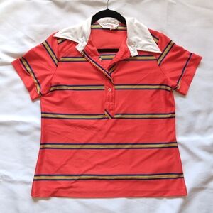 Vintage Women's Polo Cuffed Sleeves Green Yellow Blue Stripes Medium